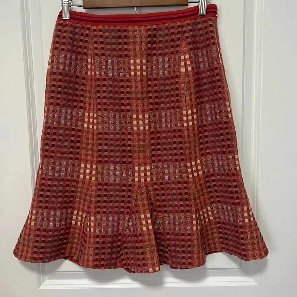 ETCETERA Multicolor Check Print Knee Length Wool Blend Flute Skirt size 8